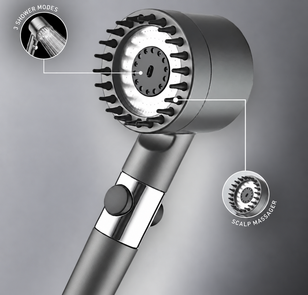 ROVIA showerhead showing three shower modes and scalp-massage tips