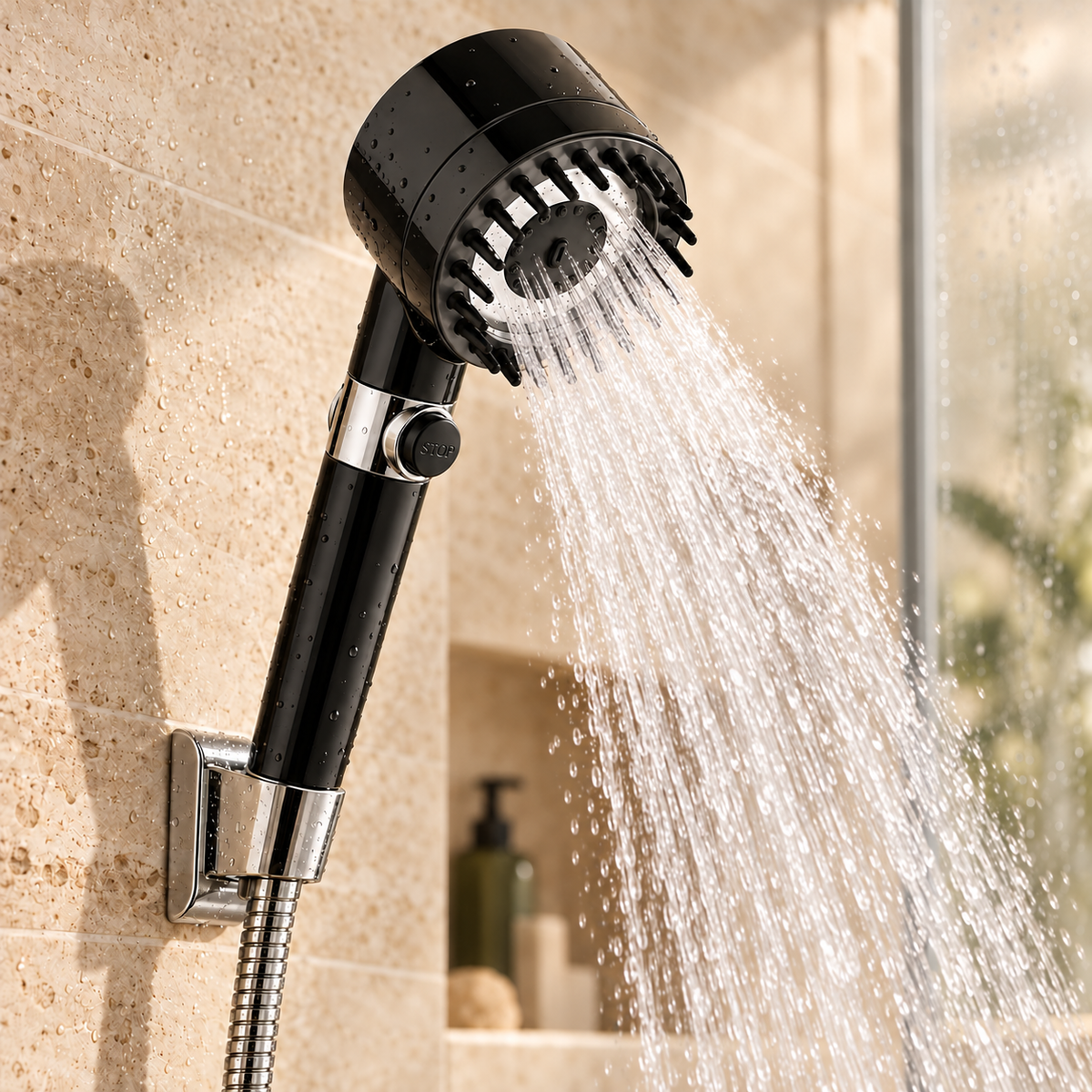 Gloss Black ROVIA showerhead spraying water