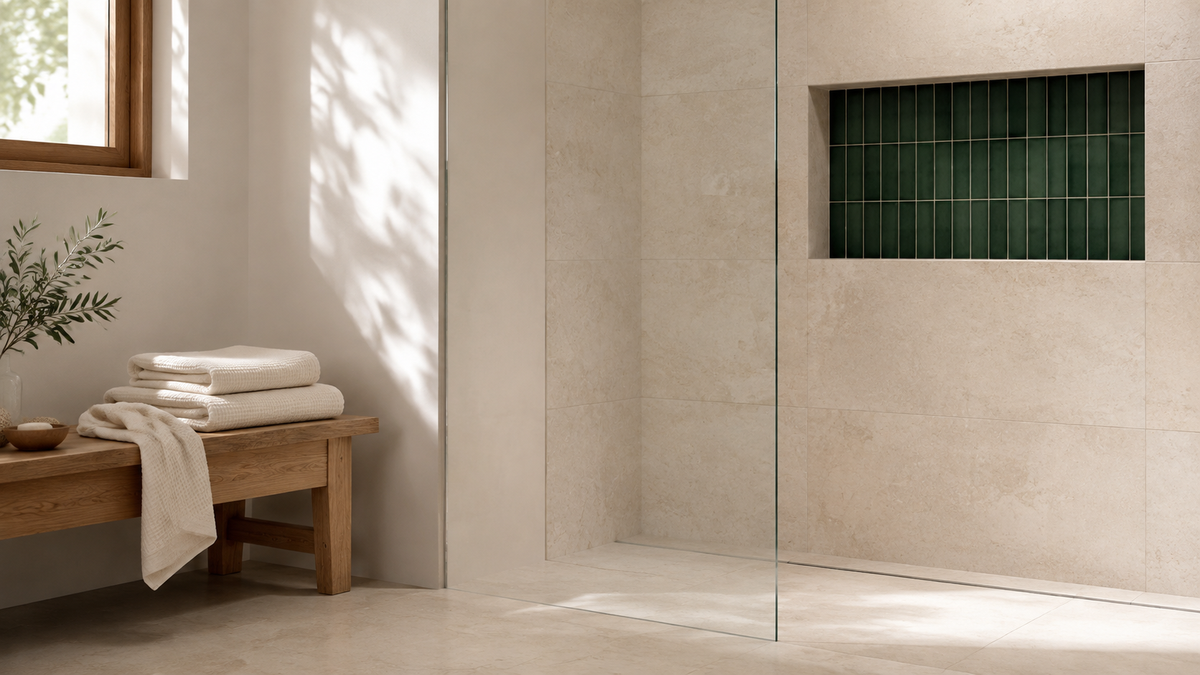 Ivory and deep forest bathroom materials